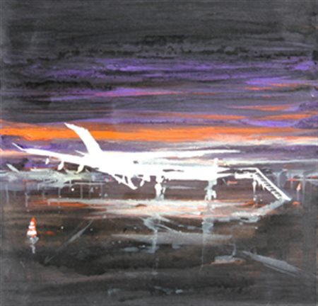 BUSCI ALESSANDRO Aereo sulla pista 2007 olio su tavola cm. 50 X 50 Firma,...
