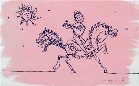 ROGNONI FRANCO Menestrello acquarello e inchiostro su carta applicata su tela...