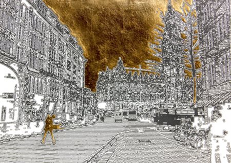 DE FILIPPI LEONIDA Paesaggio urbano inchiostro e foglia d'oro su cartoncino...
