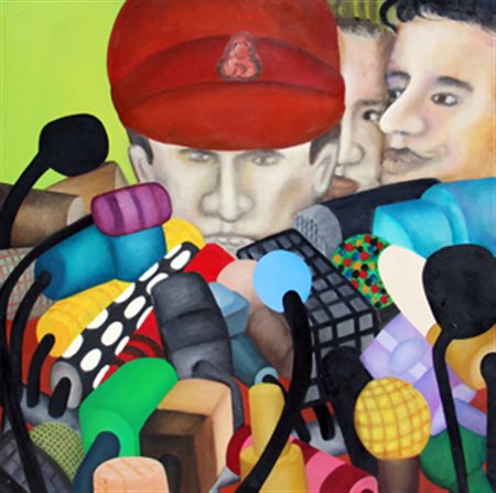 CINGOLANI MARCO Conferenza stampa 1990 olio su tela cm. 100 X 100 Firma,...