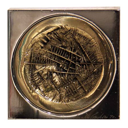 POMODORO ARNALDO Piccola scultura 1969 argento su ottone cromato cm. 10 X 10...