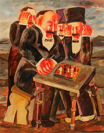 BORGHESE FRANZ Partita a scacchi olio su tela cm. 90 X 70 Firma 'Borghese'...