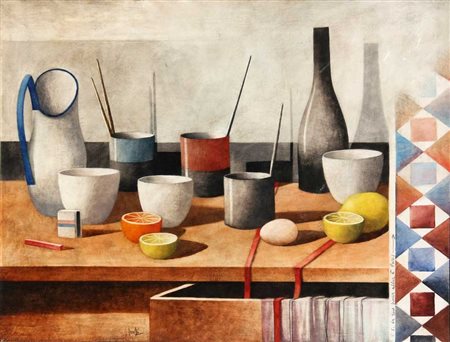 SCUFFI MARCELLO Natura morta con la greca 2001 olio su tela cm. 60 X 80 Firma...