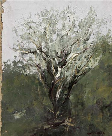 CAZZANIGA GIANCARLO Per un paesaggio 1985 olio su tela cm. 30.5 X 24.5 Firma...