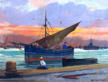 NATALI RENATO (Livorno 1883 - Livorno 1979) "Sera al porto" Olio su tavola...