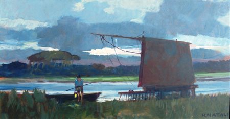 NATALI RENATO (Livorno 1883 - Livorno 1979) "Paesaggio lacustre" Olio su...