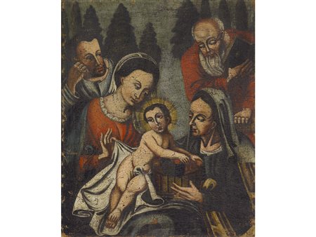 Scuola italiana (inizio XVII secolo) Madonna con Bambino tra santi Olio su...