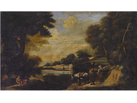 Scuola italiana (XVIII secolo) Paesaggio con personaggi Olio su tela Misure...