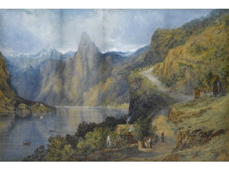 Anonimo (XIX secolo) Lago montano con figure Acquarello su carta Misure...