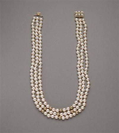 Tre fili di perle coltivate Akoja 6,48/6,88mm ca. con distanziatori e...