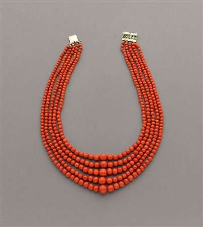Collier a cinque fili di corallo rosso/arancio del mediterraneo sferico a...