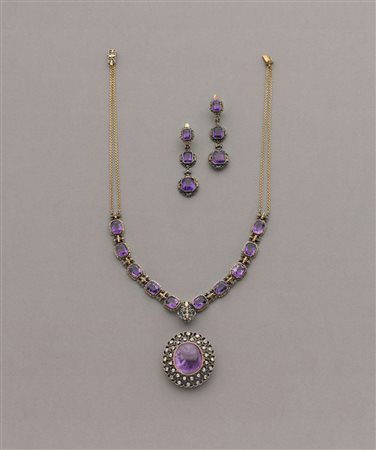 Parure di fine 1800 circa in oro e argento con ametiste e diamanti. Orecchini...