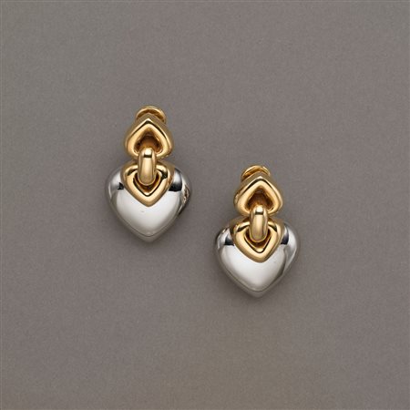 Orecchini in acciaio e oro a guisa di cuore, complessivi g.28,20, BVLGARI...