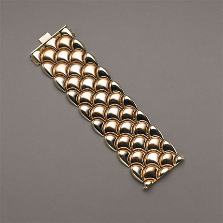 Bracciale modulare in oro giallo e rosa, g.145,50, alt. 5cm, lungh. 19cm,...