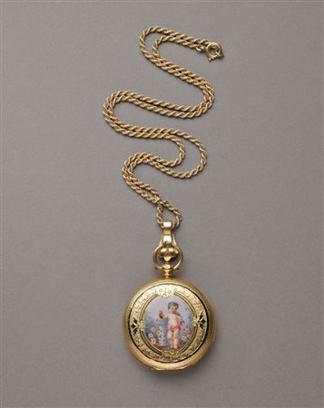 Catenina torchon e ciondolo portafoto in oro giallo con disegni floreali e di...