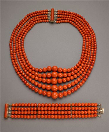 Demi-parure in corallo a boules arancione e rossastro del mediterraneo:...