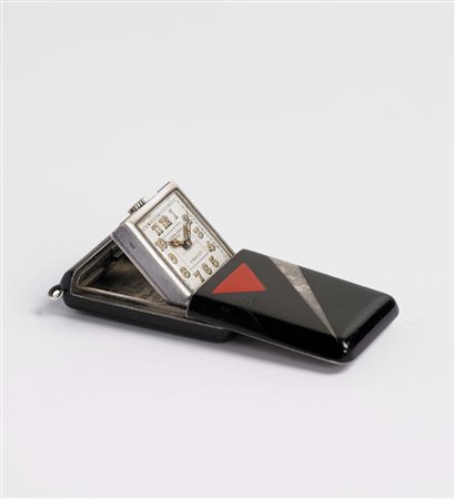 UNIVERSAL SPORTO Orologio da borsetta in argento sterling e lacca nera e...