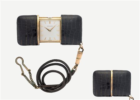 MOVADO ERMETO Orologio da tasca da uomo in metallo dorato e pelle Anni 1950...