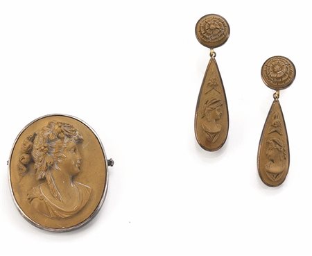 DEMI PARURE IN ORO GIALLO, ARGENTO E PIETRA LAVICA COMPOSTA DI PAIO DI...