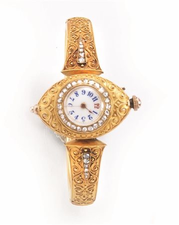 BRACCIALE OROLOGIO, FINE SEC. XIX, IN ORO GIALLO E DIAMANTIrealizzato come un...