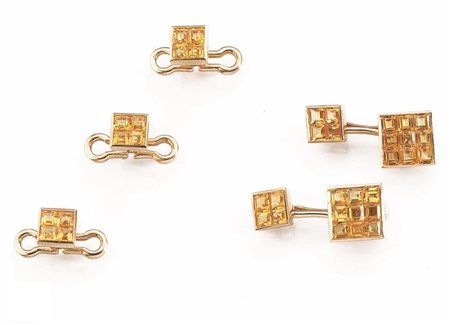 SET DA CAMICIA IN ORO GIALLO E ZAFFIRI GIALLI COMPOSTO DA PAIO DI GEMELLI E...