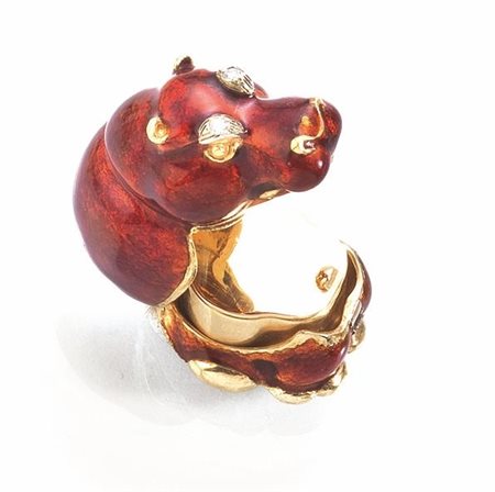 PORTAPILLOLE, FRASCAROLO, IN ORO GIALLO, SMALTO E DIAMANTImodellato come un...