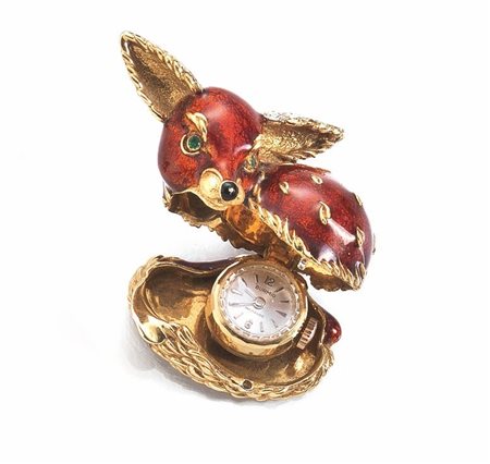 OROLOGIO, FRASCAROLO, IN ORO GIALLO, SMALTI, SMERALDI E DIAMANTImodellato...