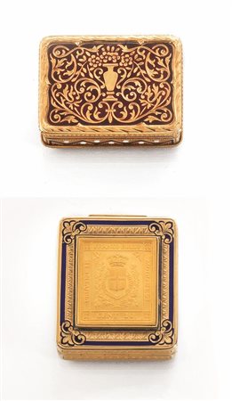 TRE SCATOLINE IN ORO GIALLO E SMALTIrispettivamente di forma rettangolare...