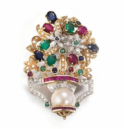 SPILLA PENDENTE IN ORO GIALLO 14 K, ORO BIANCO, RUBINI, ZAFFIRI, SMERALDI,...