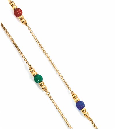 COLLANA LUNGA IN ORO GIALLO E CALCEDONI a maglia sottile con sfere in oro e...