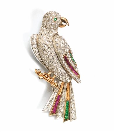 SPILLA IN ORO GIALLO, ORO BIANCO, RUBINI, SMERALDI E DIAMANTI realisticamente...
