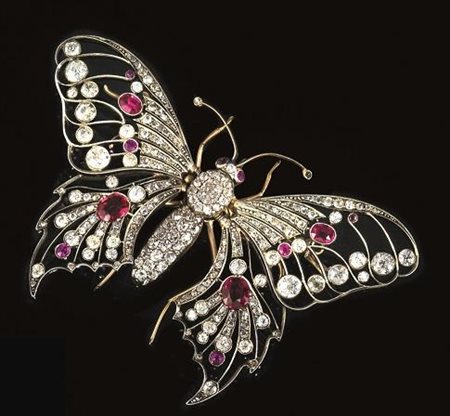 SPILLA PENDENTE IN ORO GIALLO, ARGENTO, DIAMANTI E RUBINI NATURALI E...