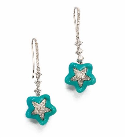 PAIO DI ORECCHINI PENDENTI IN ORO BIANCO, TURCHESI E DIAMANTIciascuno...