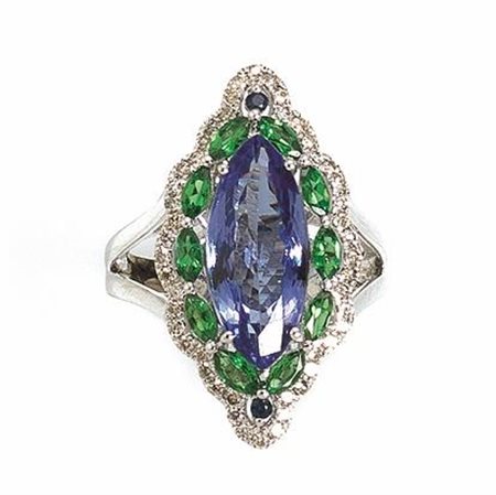 ANELLO IN ORO BIANCO, TANZANITE, GRANATI E DIAMANTImodellato come una...