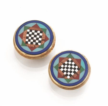 DUE PAIA DI BOTTONI IN ORO GIALLO, ORO A BASSO TITOLO, MICROMOSAICI, PERLE E...