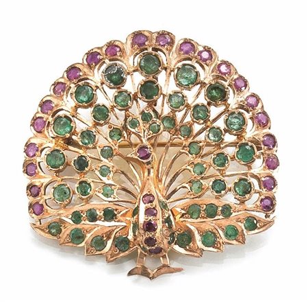 SPILLA PENDENTE IN ORO GIALLO A BASSO TITOLO, RUBINI E SMERALDImodellata come...