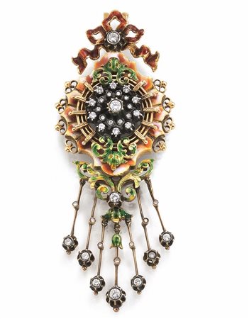 PENDENTE-SPILLA, SEC. XIX, IN ORO GIALLO, ARGENTO, DIAMANTI E SMALTIdisegnato...