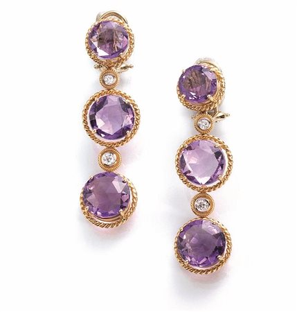 PAIO DI ORECCHINI PENDENTI IN ORO ROSA, ORO BIANCO, AMETISTE E...