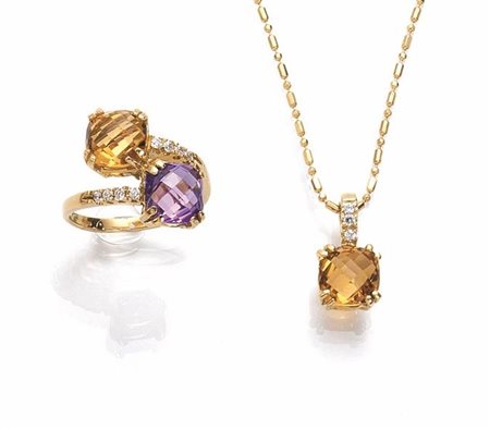 DEMI PARURE IN ORO GIALLO, QUARZI CITRINI, AMETISTE E DIAMANTI COMPOSTA DA...