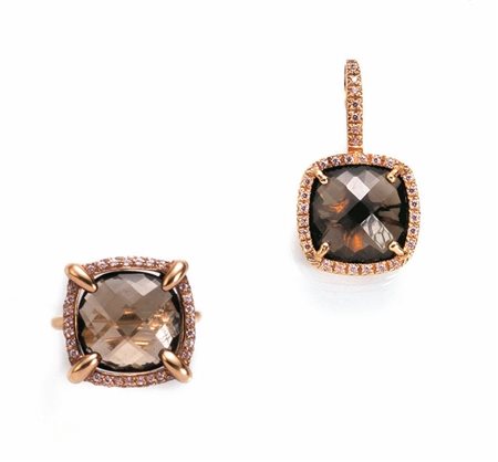 DEMI PARURE IN ORO ROSA, QUARZO FUME' E ZIRCONI ROSA COMPOSTA DA PENDENTE ED...