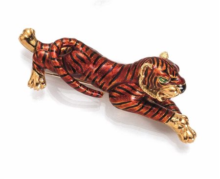 SPILLA IN ORO GIALLO E SMALTImodellata come una tigre rossa decorata in...