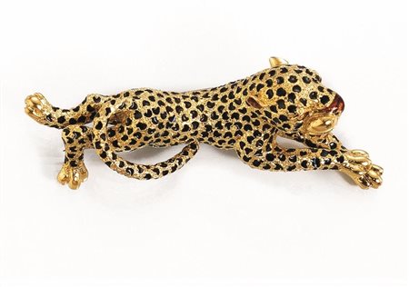 SPILLA IN ORO GIALLO E SMALTImodellata come un leopardo in oro giallo con...