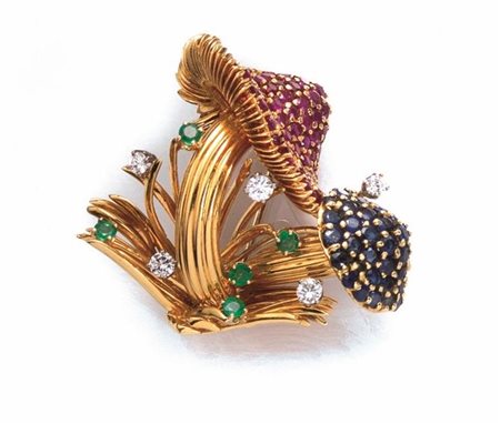 CLIP, ANNI '60, IN ORO GIALLO, RUBINI, ZAFFIRI, SMERALDI E DIAMANTImodellata...