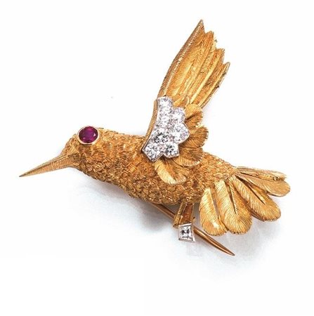 SPILLA, CARTIER, IN ORO GIALLO, RUBINO E DIAMANTImodellata come un colibri in...