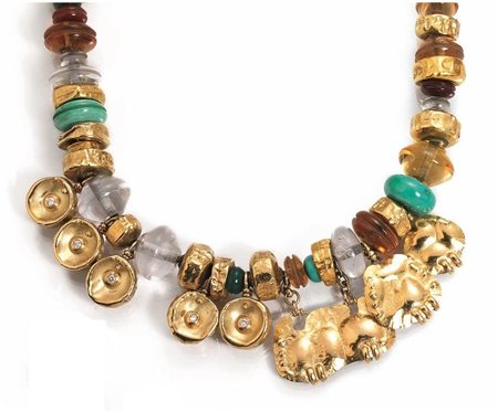 COLLANA, MISANI, IN ORO GIALLO, TURCHESI, QUARZO, CALCEDONIO E...