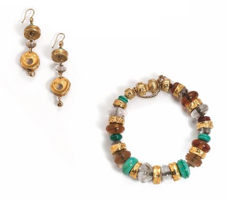 BRACCIALE E ORECCHINI PENDENTI, MISANI, IN ORO GIALLO, TURCHESI, QUARZI,...