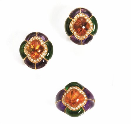 DEMI PARURE IN ORO GIALLO E PIETRE DI COLORE COMPOSTA DI PAIO DI ORECCHINI E...