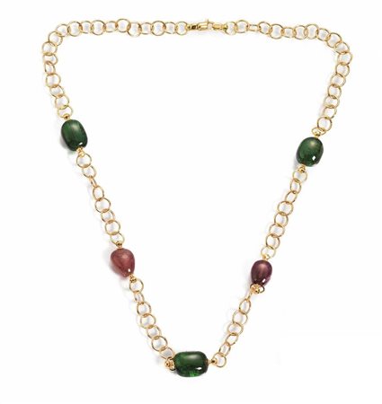 COLLANA IN ORO GIALLO E TORMALINErealizzata ad una fila di maglie rotonde...