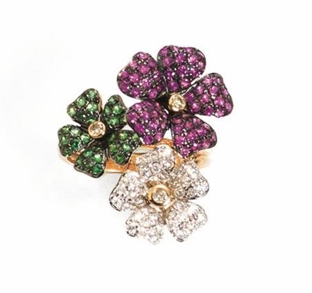 ANELLO IN ORO GIALLO, ORO BIANCO, ORO BRUNITO, RUBINI, GRANATI E...