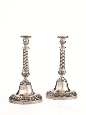 COPPIA DI CANDELIERI,NAPOLI, 1840 CIRCA, ARGENTIERE GIUSEPPE CHIRCHIANObase...